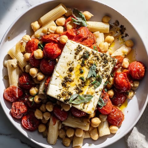 A close-up shot of creamy baked feta chickpeas and tomatoes, delicious atop pasta or rice.
