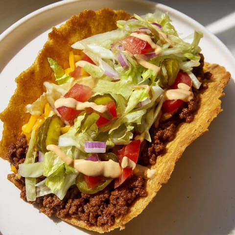 Crispy flour tortillas filled with beef and melted cheese: a close-up of delicious cheeseburger tacos.