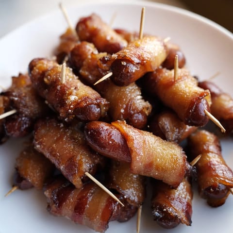 Golden brown 3-Ingredient Bacon-Wrapped Smokies, a delicious appetizer perfect for game day snacking.