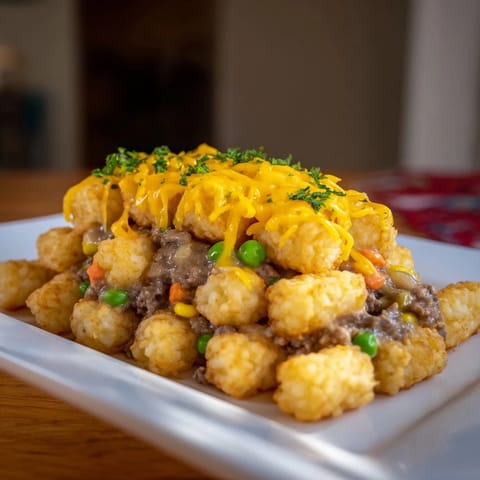 Warm and comforting Quick Christmas Tater Tot Casserole with visible textures of tater tots and savory filling.