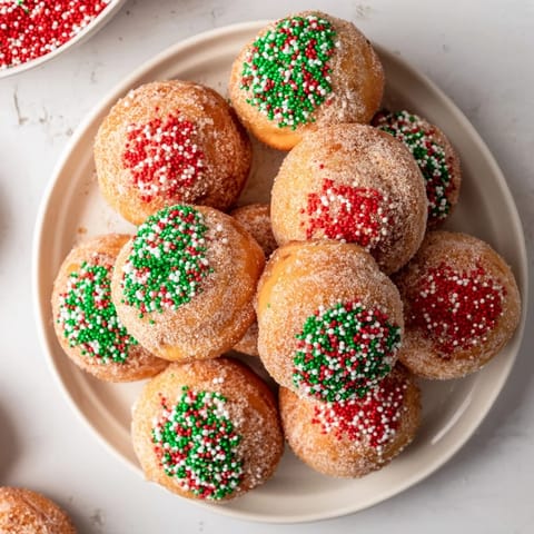 These delicious Air Fryer Christmas Donut Holes are perfectly bite-sized, warm, and ready to enjoy with a holiday theme.