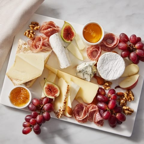 A beautifully arranged 2026 Wine Pairing Board overflowing with cheeses, charcuterie, and fresh fruits for a tasting.
