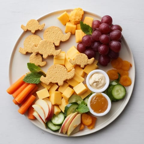 A festive Elephant Cracker Board featuring a creamy brie wheel next to an arrangement of fruit.