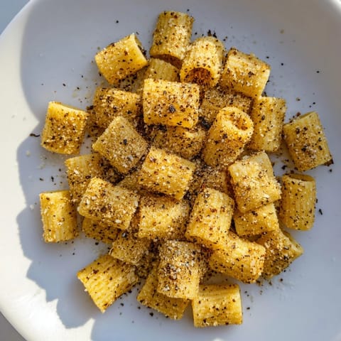 Air-fried toasty Air Fryer Pasta Croutons, seasoned with spices, and ideal with a dipping sauce.