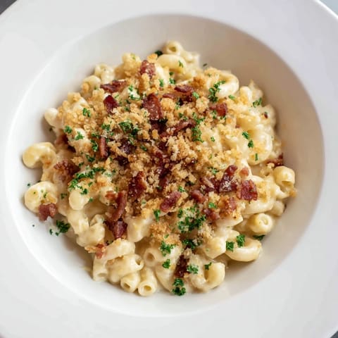 A bubbling baking dish of Tinis Mac and Cheese with Bacon, featuring golden breadcrumbs and a cheesy interior.