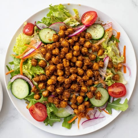 A close-up of Mixed Greens Salad with Crispy Chickpea Croutons, showing colorful, crunchy textures.
