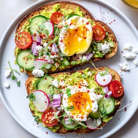 Golden, toasted sourdough holds the vibrant, delicious layers of this loaded avocado toast.