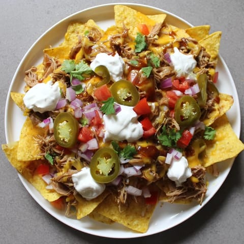 Enjoy these flavorful Loaded Nachos with Pulled Pork, featuring melted queso, jalapenos, and sour cream.