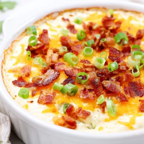 Warm Cheesy Bacon Ranch Dip—a delicious, easy appetizer, perfect with crackers and crunchy vegetables.