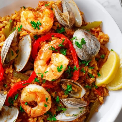 A close-up view of golden Spanish Seafood Paella highlighting succulent shrimp and savory seafood.