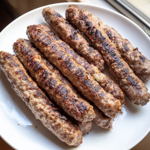 Grilled Romanian mici sausages, browned and sizzling, ready to be served with mustard and bread.
