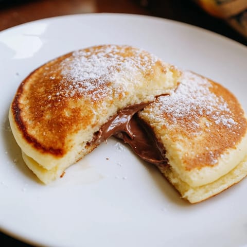 Fluffy Nutella stuffed pancakes, a decadent breakfast, served warm and dusted with powdered sugar.