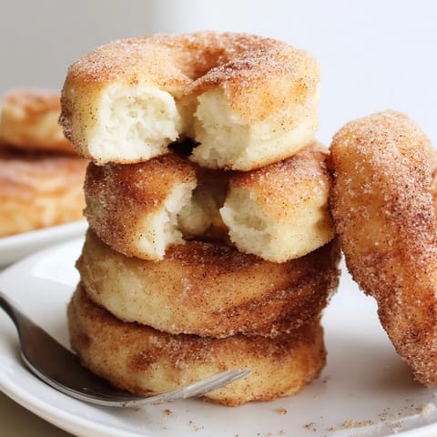 Sweet and crispy air fryer cinnamon sugar donuts coated in a cinnamon sugar mixture after frying.