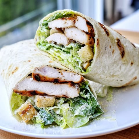 Enjoy this easy, flavorful Caesar chicken salad wrap, featuring tender grilled chicken.