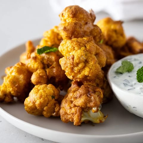 Crispy spiced Cauliflower Bhajis cooling on a wire rack, releasing steam next to fresh mint garnish.