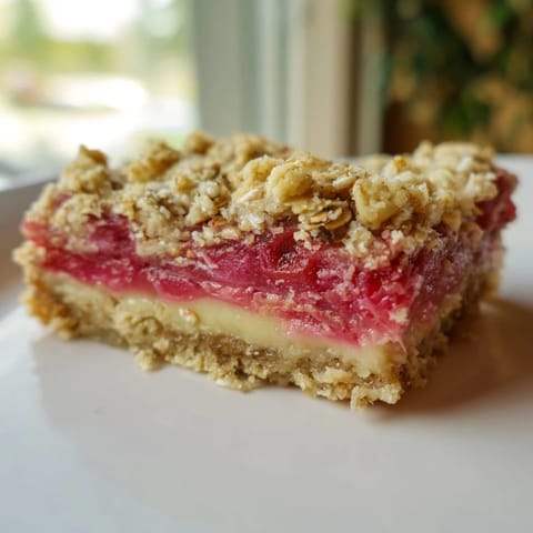 Overhead shot of freshly baked Rhubarb and Custard Crumble Bars cut into squares, with a drizzle of vanilla custard on the side for serving.