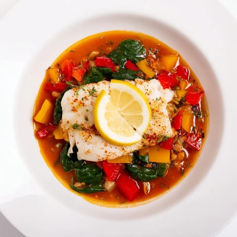 Savory spiced cod nestled among tender baby spinach and diced vegetables in a warm, savory sauce, garnished with fresh cilantro and lemon wedges.  