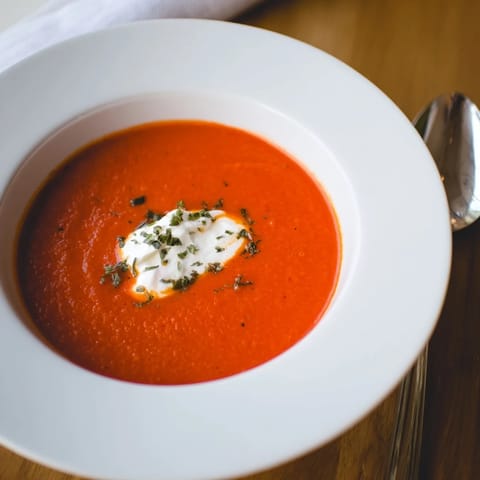 Silky-smooth Roasted Red Pepper Soup blends caramelized garlic and smoky harissa, presented with a slice of crusty bread on the side for dipping.  