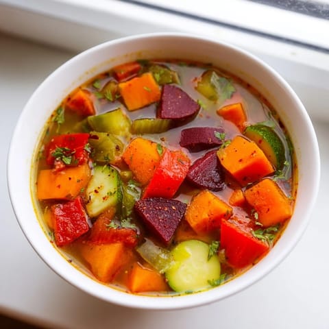 Vibrant chunks of garden-fresh vegetables float in a rich, savory broth, garnished with bright green parsley.  