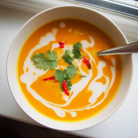 A steaming bowl of vibrant Carrot, Celeriac and Chilli Soup, garnished with fresh coriander and a swirl of creamy coconut yogurt.  