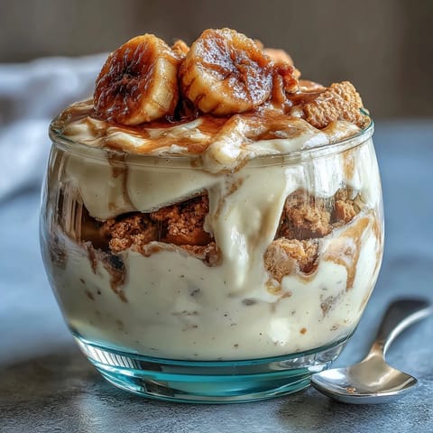 A creamy, high-protein banana pudding layered with Greek yogurt custard, crumbled vanilla wafers, and fresh banana slices.