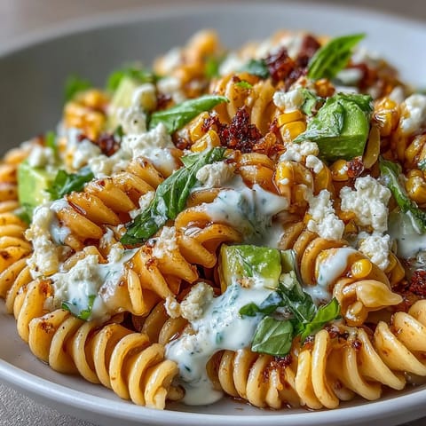 Creamy Street Corn Pasta Salad tossed with romaine, avocado, and a drizzle of chili butter and lime mayo.