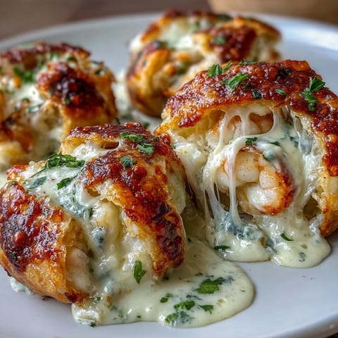A close-up of baked Cheesy Seafood Tortilla Bombs reveals flaky tortilla crusts and a rich, cheesy seafood filling.