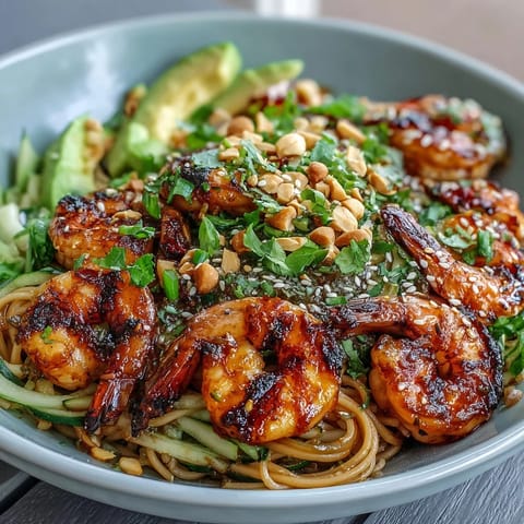 Vibrant grilled shrimp Asian noodle bowl, topped with avocado and crunchy peanuts.