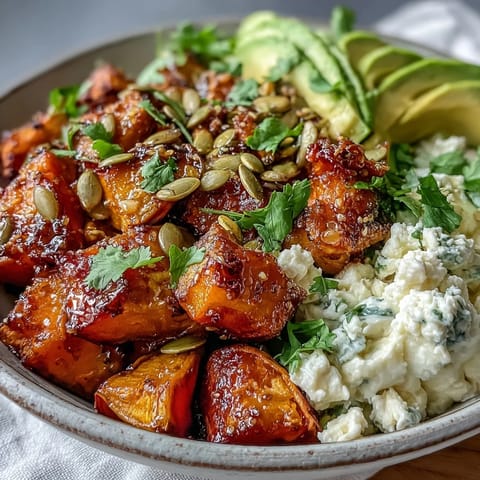 Vibrant hot honey sweet potato bowl with creamy avocado and fluffy cottage cheese.