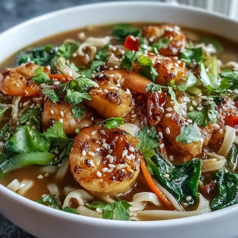 This hearty Asian Noodle Bowl promises tender shrimp, crisp veggies, and savory broth.