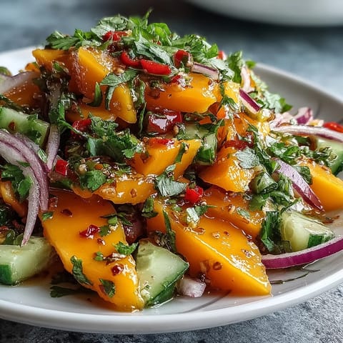 A close-up view of a vibrant Mango Salad with red onion and cilantro, served in a white bowl for a light lunch.