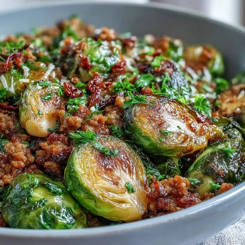 Fresh lemon juice and chopped parsley brighten this one-pan Brussels Sprouts & Ground Turkey Skillet.