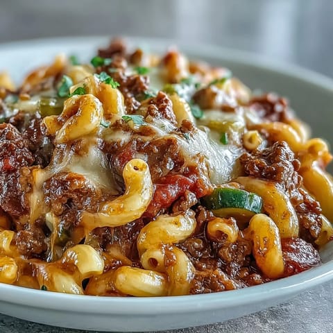 Homemade One-Pan Cheeseburger Chili Mac cooks in 25 minutes for easy weeknights, topped with extra pickles and melted cheddar.