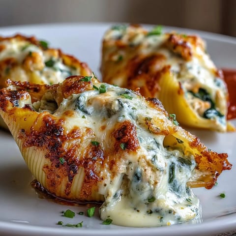 Jumbo pasta shells filled with creamy Greek yogurt pesto chicken, served hot in a white ceramic dish.