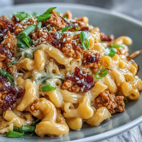 A hearty bowl of Korean-Style Turkey Mac & Cheese featuring tender pasta and a sweet-spicy gochujang turkey crumble. 