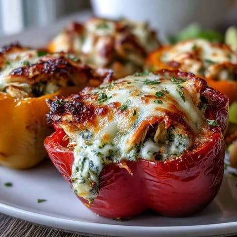 Oven-finished Pesto Chicken Stuffed Sweet Peppers with creamy filling and bubbly cheese ready to serve.