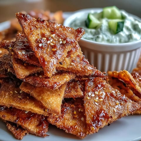 Perfectly crispy Spicy Chili Crisp Garlic Naan Chips are ready for dipping into a cool, creamy Asian-style cucumber bowl.