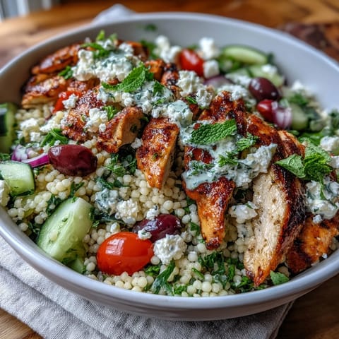 Ready-to-serve Mediterranean Pearl Couscous Chicken Bowls feature chopped cucumbers, cherry tomatoes, and feta.