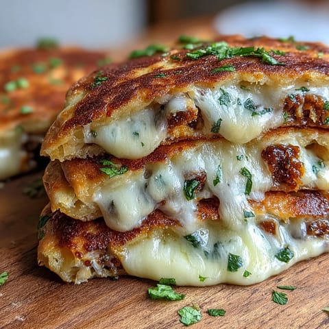 A close-up view shows fresh parsley sprinkled over a crispy, sliced Brown Butter Garlic Naan Grilled Cheese.