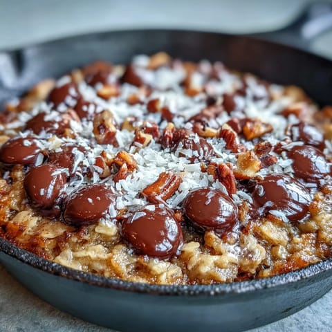 Golden-baked Chunky Monkey Oatmeal Cookie Skillet showing gooey chocolate chips and chopped walnuts.