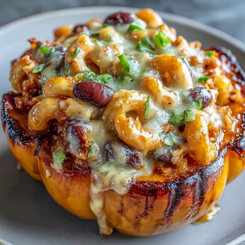 Golden roasted squash holds a hearty spoonful of Hot Honey Chili Mac Stuffed Squash, garnished with fresh cilantro and green onions.