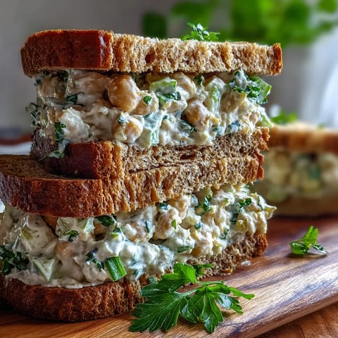 Chunky, creamy Chickpea Salad Sandwich piled high on toasted bread with fresh herbs and crisp lettuce.