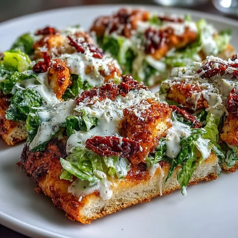 A slice of gluten-free Chicken Crust Caesar Salad Pizza held high, showcasing vibrant romaine and creamy Caesar dressing on a baked chicken base.