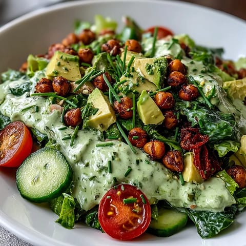 A vibrant bowl of pistachio green goddess salad topped with golden roasted chickpeas and fresh herbs, ready to serve.