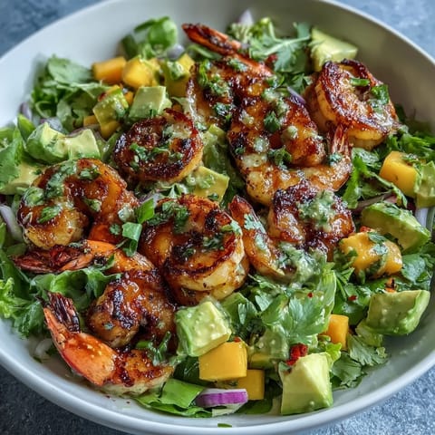 Vibrant diced mango and sliced red onion top this refreshing Grilled Shrimp and Mango Avocado Salad, served ready to enjoy.
