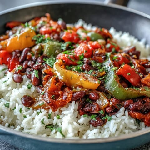 Steaming One-Pan Vegan Fajita Rice Skillet with peppers, black beans, and fresh cilantro garnish.