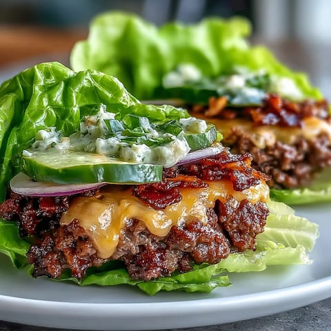 Freshly grilled beef patties with melted cheddar tucked inside crisp iceberg lettuce wraps, topped with tangy pickles and creamy secret sauce.