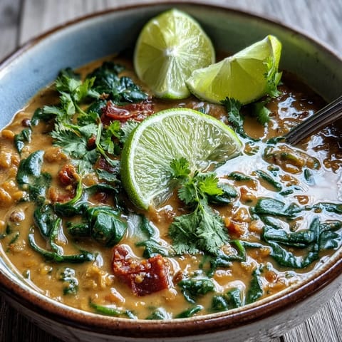 Creamy Vegan One-Pot Coconut Lentil Dahl simmering with spinach and fresh lime wedges for serving.