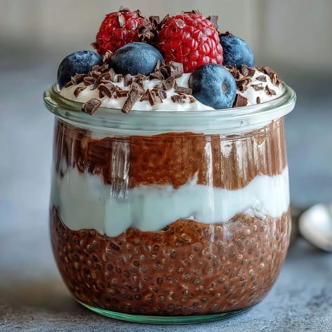 These glass jars showcase chocolate chia pudding layered with fluffy coconut whip.