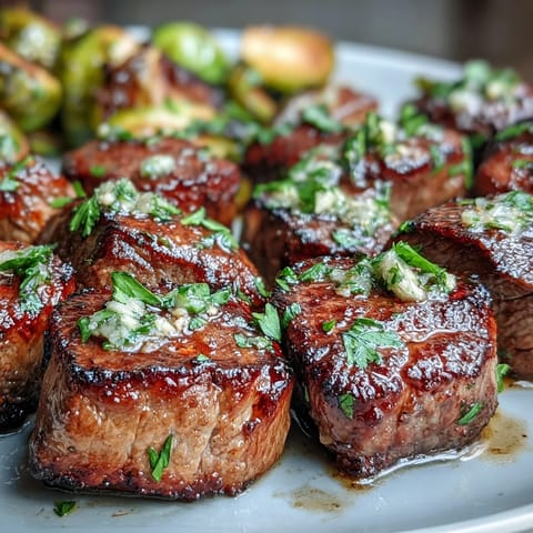 Tender steak bites glistening with lemon garlic butter paired with crispy, caramelized Brussels sprouts for a low-carb dinner.